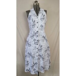 Vintage 80s 90s‎ Clue Midi White Black Paris Dress Collared Sleeveless Size 12 L